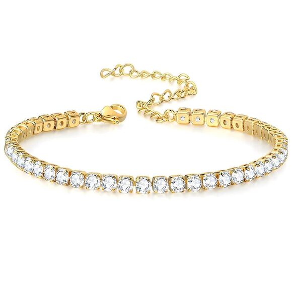 18K Gold Plated Stainless Steel "Tennis" Bracelet Cubic Zirconia Waterproof - Picture 1 of 13